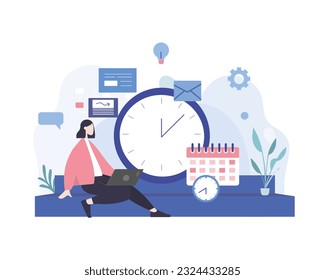 Application for planning work schedule. To do list for day, week, month. Woman improving productivity and efficiency when working. Color vector illustration