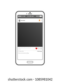 Application post on smartphone of username, sample with red heart, bookmark and place for photo, comments below, sample isolated on vector illustration