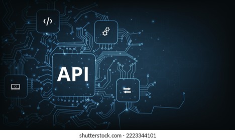 Application Programming Interface (API) concept. Software development tool, information technology, modern technology, internet and networking concept on dark blue background.