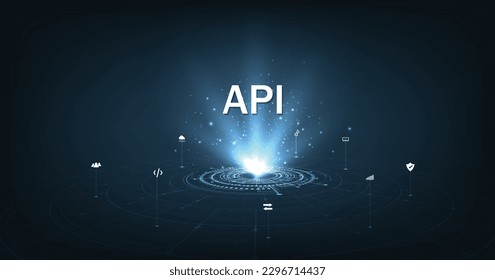 API-Konzept (Application Programming Interface). Software-Entwicklungstools, Informationstechnologie, moderne Technologie, Internet- und Netzwerkkonzepte auf dunkelblauem Hintergrund.