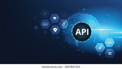 Application Programming Interface (API) concept. Software development tools, information technology, modern technology, internet, and networking concepts on a dark blue background.	