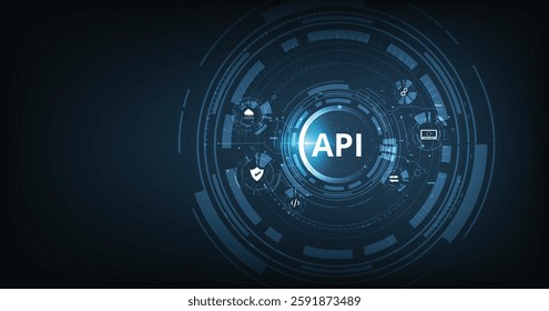 Application Programming Interface (API) concept. Software development tool, information technology, modern technology, internet and networking concept on dark blue background.