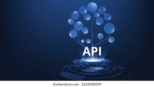 Application Programming Interface (API) concept. Software development tool, information technology, modern technology, internet and networking concept on a dark blue background.	