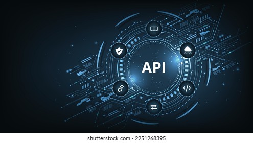 Application Programming Interface (API) on blue background. Software development tool, information technology, modern technology, internet.