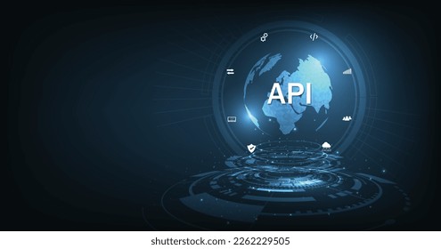 Application Programming Interface (API). Software development tools, information technology, modern technology, internet, and networking concept on dark blue background.