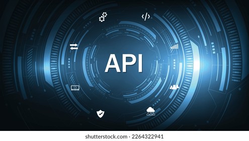  Application Programming Interface (API). Software development tools, information technology, modern technology, internet, and networking concept on dark blue background.	