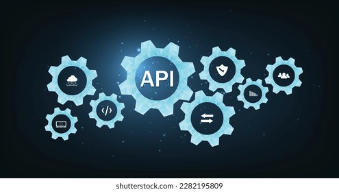 Application Programming Interface (API). Software development tool, information technology, modern technology, internet and networking concept on dark blue background.