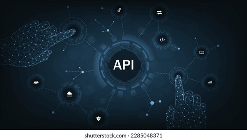 Application Programming Interface (API). Software development tool, information technology, modern technology, internet and networking concept on dark blue background.	