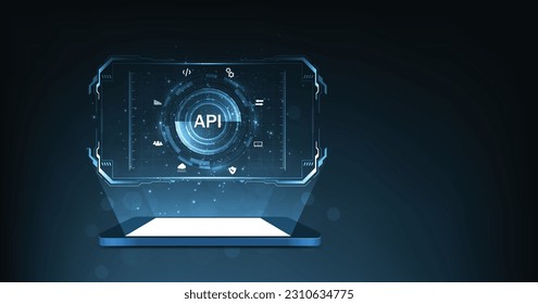 Interfaz de programación de aplicaciones (API). Herramientas de desarrollo de software, tecnología de la información, tecnología moderna, internet y concepto de redes sobre fondo azul oscuro.	