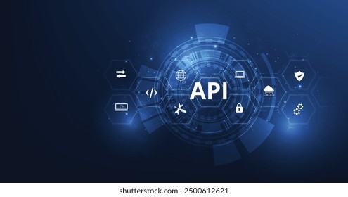 Application Programming Interface (API). Software development tool, information technology, modern technology, internet and networking concept on dark blue background.	