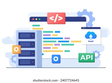 Application Programming Interface concept, API provides the interface for communication between applications, Software development tool, Internet and networking, simplifying application integration 