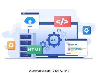 Application Programming Interface concept, API provides the interface for communication between applications, Software development tool, Internet and networking, simplifying application integration 