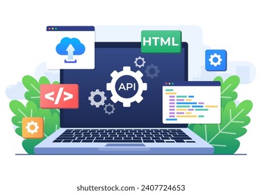 Application Programming Interface concept, API provides the interface for communication between applications, Software development tool, Internet and networking, simplifying application integration 