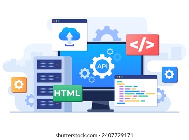 Application Programming Interface concept, API provides the interface for communication between applications, Software development tool, Internet and networking, simplifying application integration 