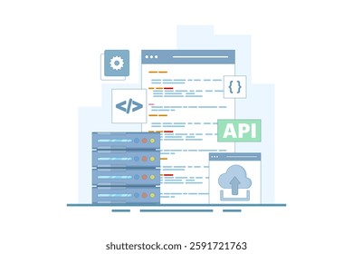 Application Programming Interface Concept, API provides an interface for communication between applications, software development tools, the Internet, and networks. flat vector illustration.