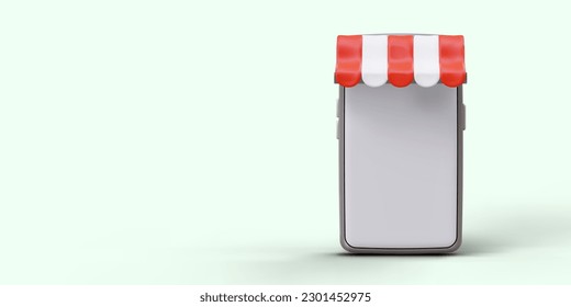 Application for purchase by phone. Shopping with smartphone. 3D rendering of store with striped colored canopy. Device with blank screen, blank for advertising, social network icon
