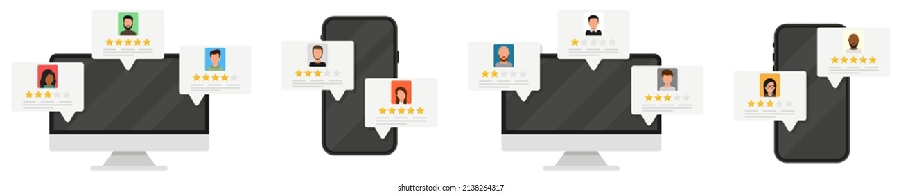 Application rating, user reviews online on computer and smartphone. Vector illustration in flat design