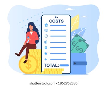 Application for recording expenses. Virtual business assistant. Smartphone with all accounts, money, cards investment management. Mobile assistant, mobile banking. Cartoon flat vector illustration