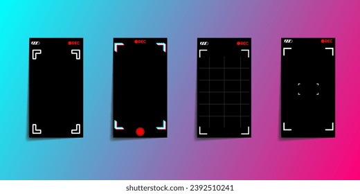 Application for recording from a mobile camera. Camera interface on the phone screen. Photo, video ui in a mobile phone. Viewfinder, reticle, focus, button and record. Vector.