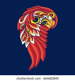 Application with red decorative ethnic patterned wing on blue jean