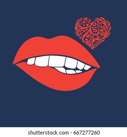 Application with red lips and love heart on blue jeans backgroun