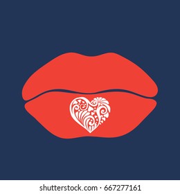 Application with red lips on blue jeans background