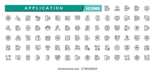 Application related line icons set. Software and development vector editable stroke. program, app, technology and more. Collection of simple line web icons. Editable vector.