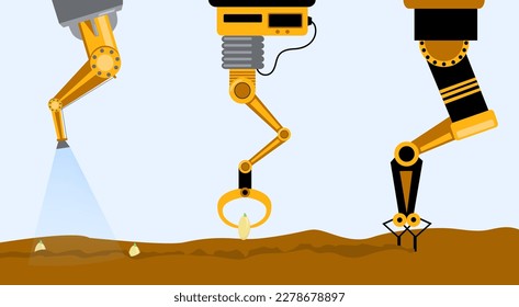 Application of robotics in agriculture vector illustration. Innovative machine digging and watering soil, planting seed on farm. Gardening, robotics, technology, agriculture concept