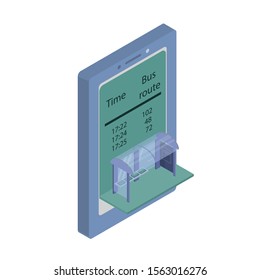 The application with a schedule of city buses in a mobile phone. Departure of public transport from the stop. Isometric style. Vector isolated illustration.