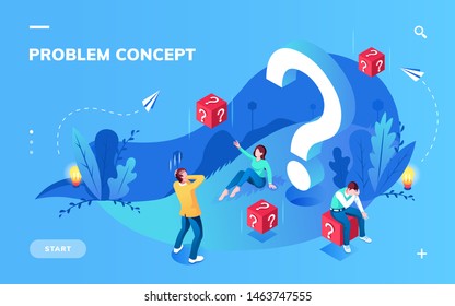 Application screen for problem solving or metaphor misunderstanding concept. Teamwork and finding difficult answer or solution, cube with question mark, lamp. Teamwork and brainstorm, solve theme