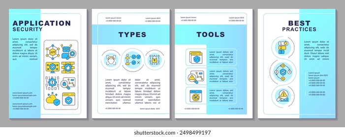 Plantilla de folleto de características de seguridad de la aplicación. Diseño de folleto con iconos lineales. 4 diseños de Vector editables para presentación, informes anuales