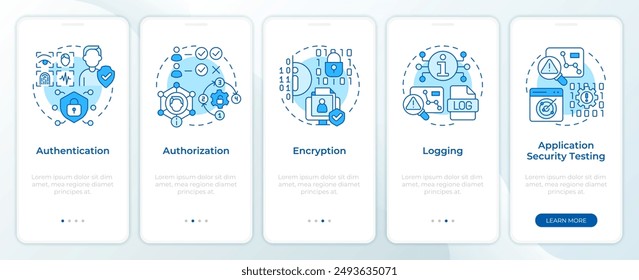 Application security protocols blue onboarding mobile app screen. Walkthrough 5 steps editable graphic instructions with linear concepts. UI, UX, GUI template