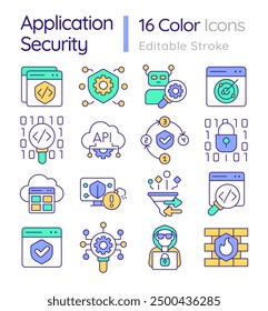 Application security RGB color icons set. Access control. Online threat, malware. Firewall vulnerability. Isolated vector illustrations. Simple filled line drawings collection. Editable stroke