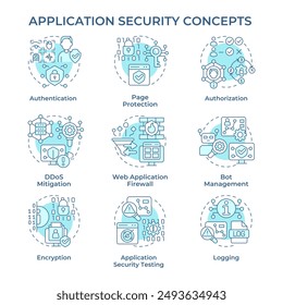 Application security soft blue concept icons. Software testing methods. Biometric authorization. Icon pack. Vector images. Round shape illustrations in infographic, presentation. Abstract idea