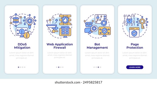 Application security solution onboarding mobile app screen. Walkthrough 4 steps editable graphic instructions with linear concepts. UI, UX, GUI template