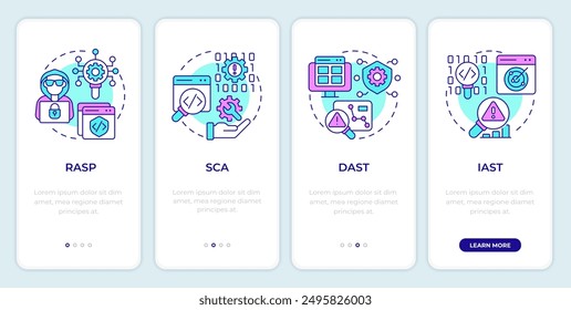 Application security tools onboarding mobile app screen. Walkthrough 4 steps editable graphic instructions with linear concepts. UI, UX, GUI template