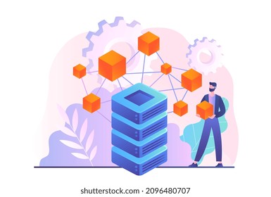 Application service abstract concept. Decentralized apps. Young man stands next to large database and shares information over network. Blockchain or Data Storage. Cartoon flat vector illustration