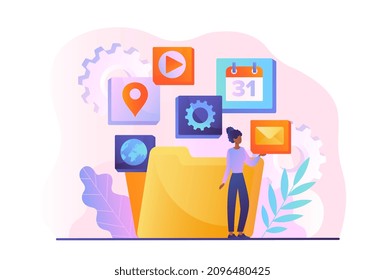 Concepto abstracto del servicio de aplicaciones. Paquete de software. La joven pone varios programas en la carpeta. Internet, mensajes, videos, calendario y configuración. Ilustración vectorial plana contemporánea de dibujos animados