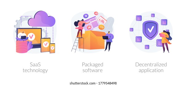 Application service abstract concept vector illustration set. SaaS technology, packaged software, decentralized application, cloud computing, software licensing, subscription abstract metaphor.