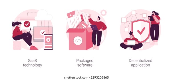 Application service abstract concept vector illustration set. SaaS technology, packaged software, decentralized application, cloud computing, software licensing, subscription abstract metaphor.