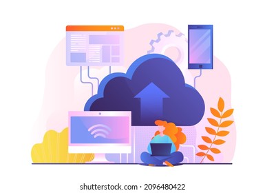 Application service abstract. SaaS technology or cloud storage. Woman with laptop gets access to data in cloud server and downloads files. Transmission of information. Cartoon flat vector illustration - Shutterstock ID 2096480422