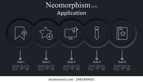 Application set icon. Bookmark, star rating, megaphone, tie, notepad, favorites, promotion, professional, marketing, business, office, notes, rating.