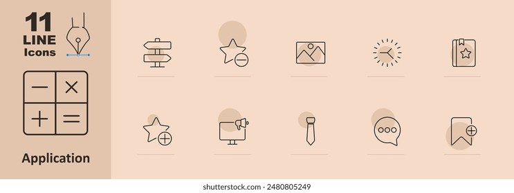 Application set icon. Calculator, plus, minus, multiply, divide, directions, star, gallery, sun, book, tie, megaphone, message, bookmark, interface, tools, mobile app. Vector line icon