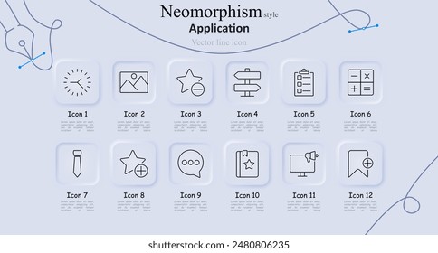Application set icon. Clock, photo gallery, star, directions, checklist, calculator, tie, add favorite, chat, bookmark, monitor, add bookmark. Digital tools, productivity, and interface concept