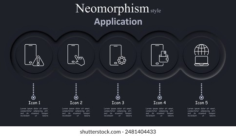 Application set icon. Mobile alert, touch screen, mobile settings, mobile payment, online connection, app, phone, warning, settings, wallet, internet.