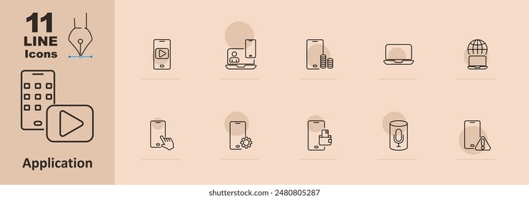 Icono de conjunto de aplicaciones. Teléfono móvil con el Botón del juego, persona, monedas, ordenador portátil, Configuraciones, pago, altavoz, alerta. Concepto móvil y digital