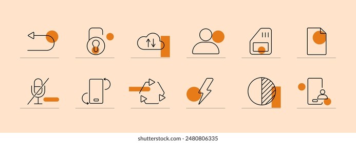 Application set icon. Mobile warning, keypad, play button, coins, settings, wallet, touch, calculator, video call, laptop, globe, microphone. Digital interface and utility concept.