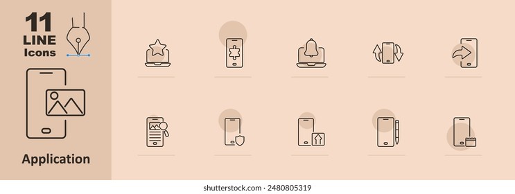 Application set icon. Smartphone with image, star on laptop, puzzle piece, notification bell, upward arrow, sideways , mobile image search, shield, uploading, pen, calendar