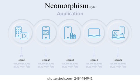 Application set icon. Smartphone with play button, smartphone with play button and coins, laptop, smartphone with video call, video application, multimedia, communication, finance
