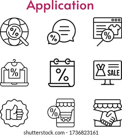 application set. included calendar, online shop, handshake, like, chat, internet icons. linear styles.